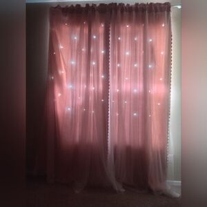 Set of pink laser cut fairy curtains w sheer white tulle top 95"heightx50"w